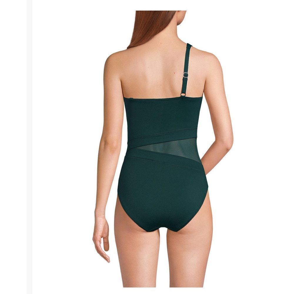 Land's End Plus Size Smoothing Mesh 1 Piece Swimsuit 1 shoulder Balsam Green 12 - Picture 5 of 7